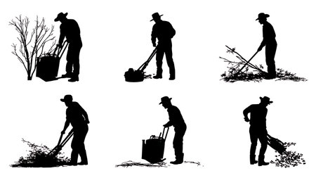 Black Solid Farmer Operating a Wood Chipper Silhouettes isolated on plain white background.のイラスト素材