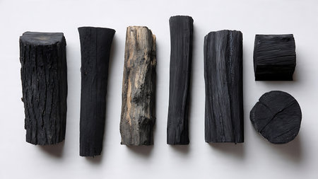Set of Six Black Solid Firewood Log Shape Silhouettes isolated on plain white background.のイラスト素材