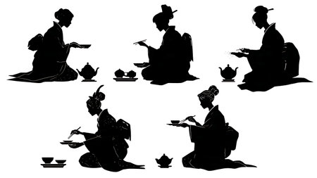 Black Solid Japanese Tea Ceremony & Kaiseki Meal Silhouettes isolated on plain white background.のイラスト素材