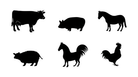 Black Solid Iconic Farm Animal Silhouettes Set of Six isolated on plain white background.のイラスト素材