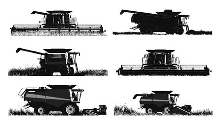 Set of Six Black Solid Modern Combine Harvester Silhouettes isolated on plain white background.のイラスト素材