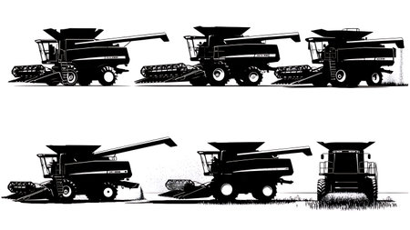 Set of Six Black Solid Modern Combine Harvester Silhouettes isolated on plain white background.のイラスト素材