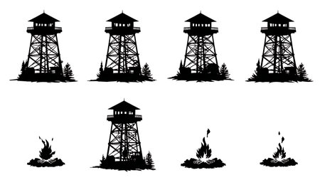 Black Solid Fire Lookout Tower and Campfire Silhouettes isolated on plain white background.のイラスト素材