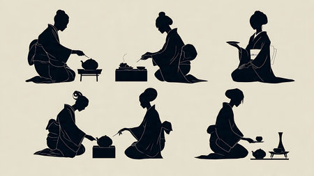 Black Solid Japanese Tea Ceremony & Kaiseki Meal Silhouettes isolated on plain white background.のイラスト素材