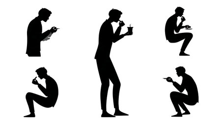 Black Solid Eating a Meal Replacement Bar Silhouettes isolated on plain white background.のイラスト素材