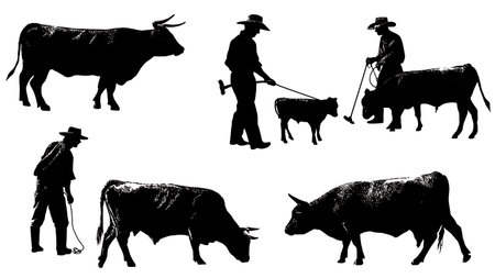 Set of Six Black Solid Rancher Branding Cattle Silhouettes isolated on plain white background.のイラスト素材
