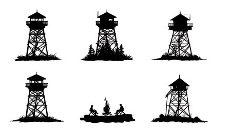 Black Solid Fire Lookout Tower and Campfire Silhouettes isolated on plain white background.のイラスト素材