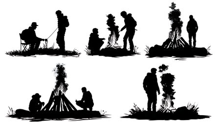 Black Solid Campfire with Long Shadow Effect Silhouettes isolated on plain white background.のイラスト素材