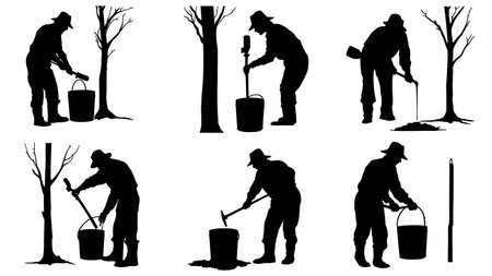Black Solid Maple Syrup Farmer Silhouettes Set of Six isolated on plain white background.のイラスト素材