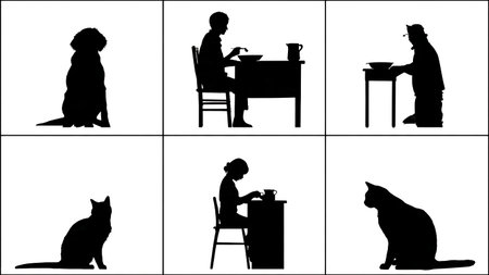 Collection of Six Black Solid Pets Begging for Food Silhouettes isolated on plain white background.のイラスト素材