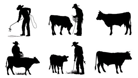Set of Six Black Solid Rancher Branding Cattle Silhouettes isolated on plain white background.のイラスト素材
