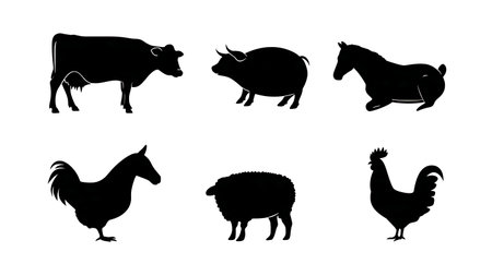 Black Solid Iconic Farm Animal Silhouettes Set of Six isolated on plain white background.のイラスト素材