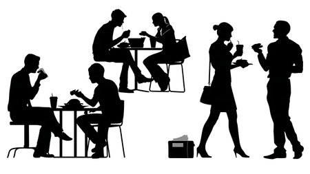 Black Solid Office Worker Lunch Break Silhouettes Collection isolated on plain white background.のイラスト素材