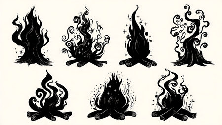 Black Solid Magical Swirling Campfire Silhouettes Set of Six isolated on plain white background.のイラスト素材