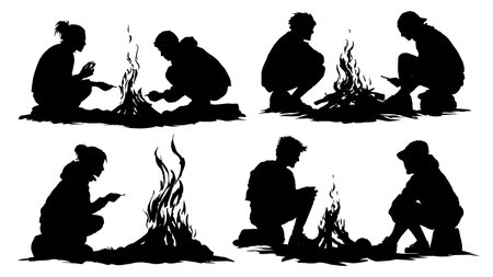 Black Solid Silhouettes of People at a Campfire on White Background isolated on plain white background.のイラスト素材