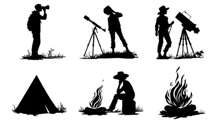 Black Solid Stargazing at Campfire Silhouettes Set of Six isolated on plain white background.のイラスト素材