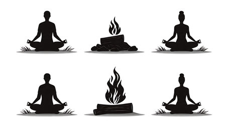 Black Solid Yoga Pose at Campfire Silhouettes Set of Six isolated on plain white background.のイラスト素材