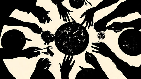 Set of Six Black Solid Friends Sharing an Appetizer Platter isolated on plain white background.のイラスト素材