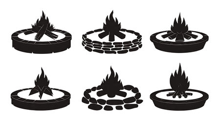 Black Solid Stone Ring Fire Pit Silhouettes on White Background isolated on plain white background.のイラスト素材