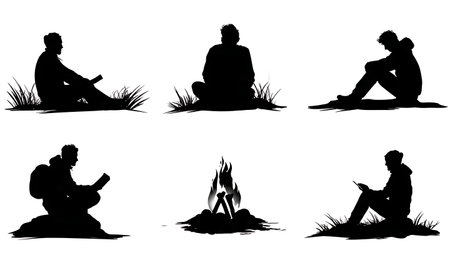 Black Solid Silhouettes of a Solo Camper by a Fire isolated on plain white background.のイラスト素材