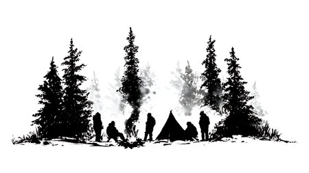 Black Solid Winter Camping Snow and Fire Silhouettes Set of Six isolated on plain white background.のイラスト素材