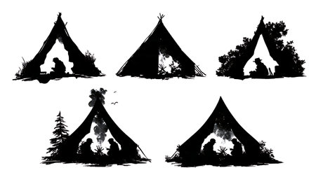 Black Solid Campfire Scene Viewed from Tent Silhouettes isolated on plain white background.のイラスト素材