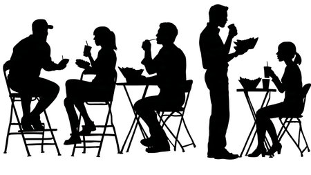Black Solid People Eating at a Sports Stadium Silhouettes isolated on plain white background.のイラスト素材