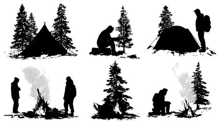 Black Solid Winter Camping Snow and Fire Silhouettes Set of Six isolated on plain white background.のイラスト素材