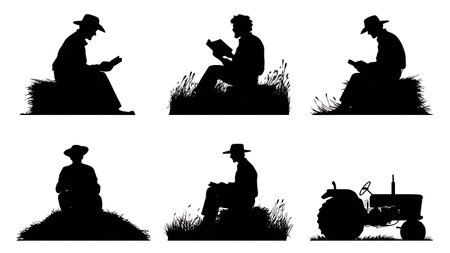 Black Solid Farmer Eating Lunch on a Break Silhouettes isolated on plain white background.のイラスト素材