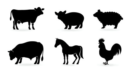 Black Solid Iconic Farm Animal Silhouettes Set of Six isolated on plain white background.のイラスト素材