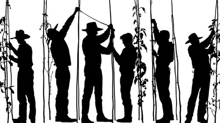 Black Solid Farmer Staking Plants Silhouettes isolated on plain white background.のイラスト素材
