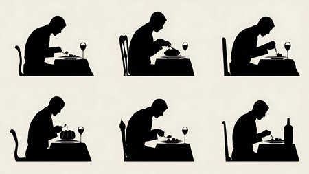 Set of Six Black Solid Gourmet Small Portion Eating Silhouettes isolated on plain white background.のイラスト素材