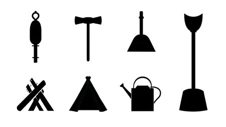 Set of Six Black Solid Campfire Tool Silhouettes isolated on plain white background.のイラスト素材