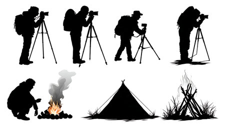 Black Solid Photographer Capturing Campfire Silhouettes isolated on plain white background.のイラスト素材