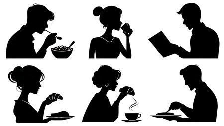 Black Solid Breakfast Eating Silhouettes Collection on White Background isolated on plain white background.のイラスト素材