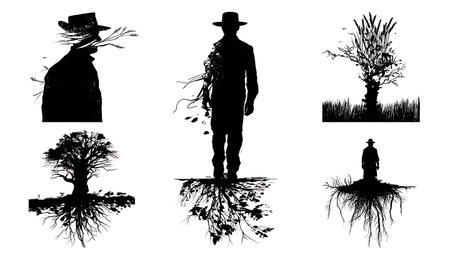 Black Solid Abstract Farmer Merged with Nature Silhouettes isolated on plain white background.のイラスト素材
