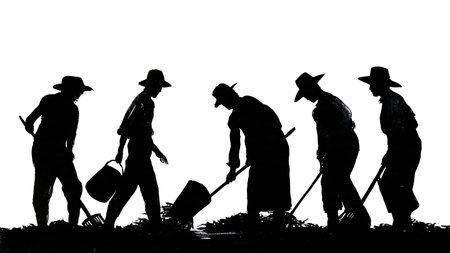 Black Solid Farmer Teamwork During Harvest Silhouettes isolated on plain white background.のイラスト素材