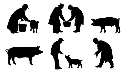 Black Solid Farmer and Pig Interaction Silhouettes Set of Six isolated on plain white background.のイラスト素材