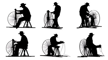 Black Solid Farmer Spinning Wool on a Wheel Silhouettes isolated on plain white background.のイラスト素材