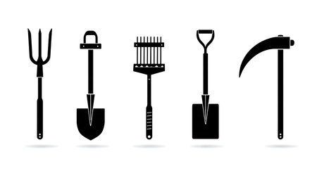 Black Solid Iconic Farming Tool Silhouettes Set of Six isolated on plain white background.のイラスト素材