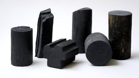 Set of Six Black Solid Firewood Log Shape Silhouettes isolated on plain white background.のイラスト素材