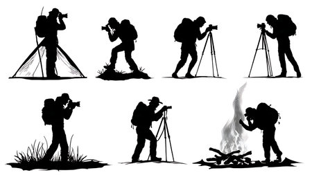 Black Solid Photographer Capturing Campfire Silhouettes isolated on plain white background.のイラスト素材