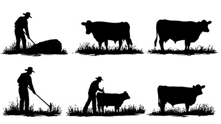 Set of Six Black Solid Rancher Branding Cattle Silhouettes isolated on plain white background.のイラスト素材