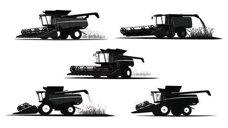Set of Six Black Solid Modern Combine Harvester Silhouettes isolated on plain white background.のイラスト素材