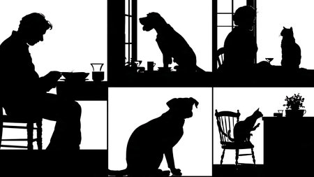 Collection of Six Black Solid Pets Begging for Food Silhouettes isolated on plain white background.のイラスト素材