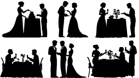 Black Solid Wedding Reception & Dining Silhouettes Set of Six isolated on plain white background.のイラスト素材