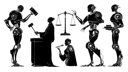 Six AI in Law and Legal System Silhouettes Vector Set isolated on plain white background.のイラスト素材