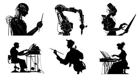 AI in Creative Arts and Music Vector Silhouette Collection isolated on plain white background.のイラスト素材