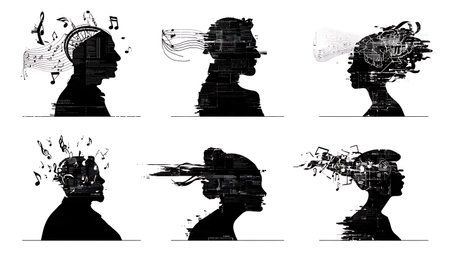 Collection of Six AI Music Composition and Generation Silhouettes isolated on plain white background.のイラスト素材