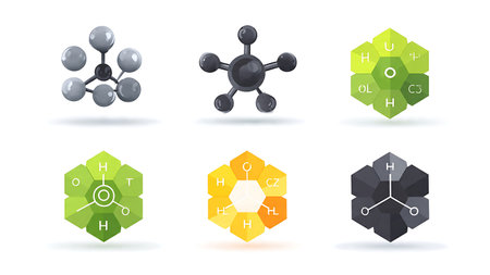 Black Vector Silhouettes of Six AI in Materials Science Icons isolated on plain white background.のイラスト素材